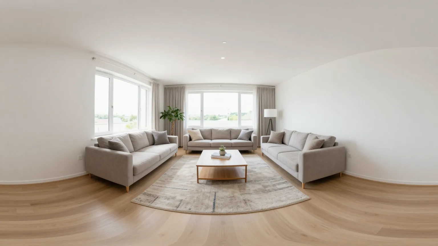 360 virtual tour example - flat panoramic image of a living room without real depth data