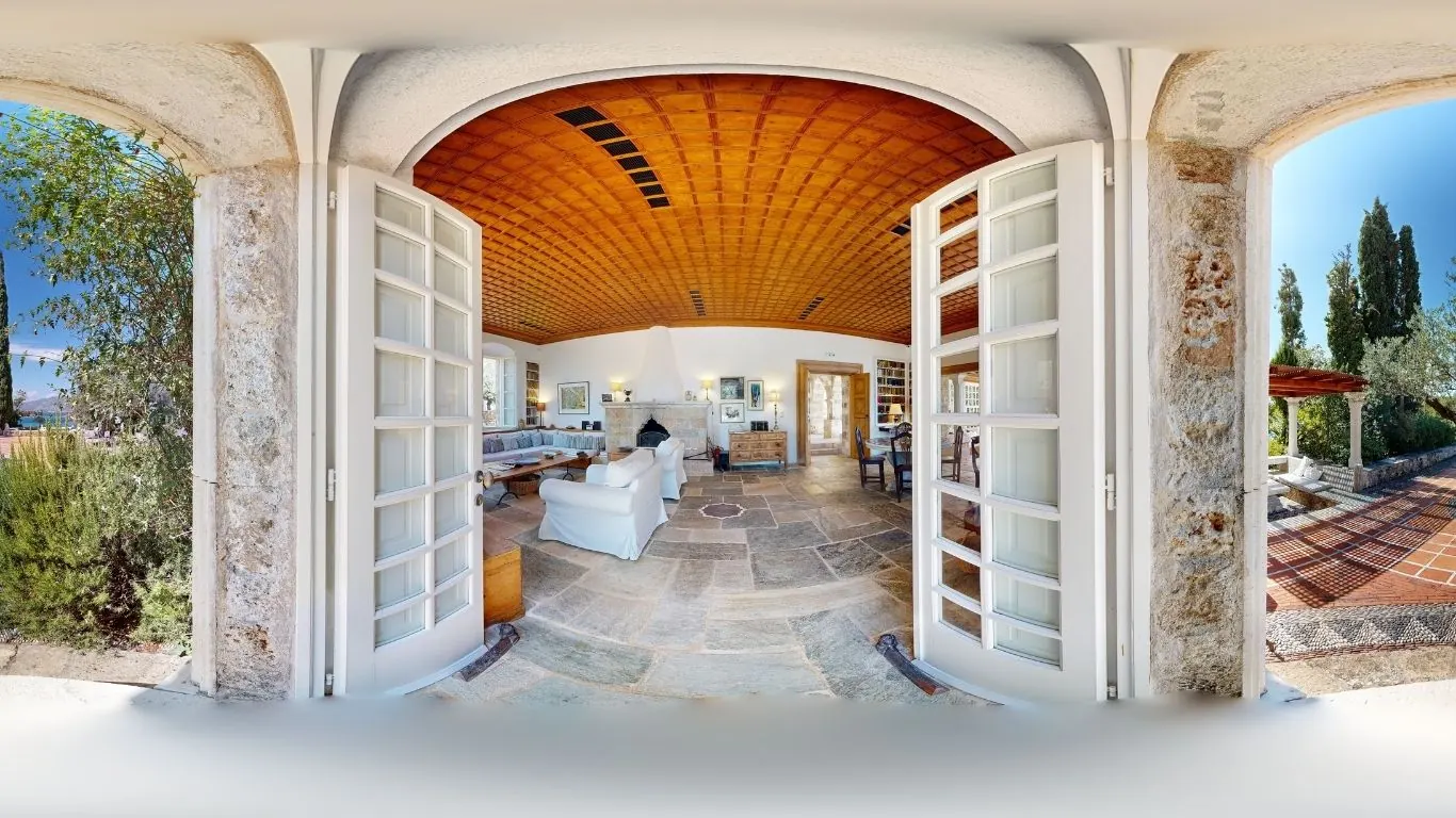 360 virtual tour example - flat panoramic image of a villa living room without real depth data