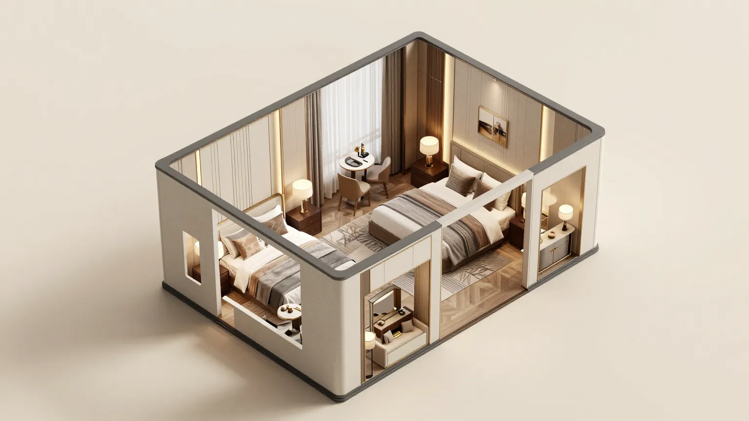 3D virtual tour vs 360 virtual tour - true 3D dollhouse model of a hotel suite by Vivestia VR Productions