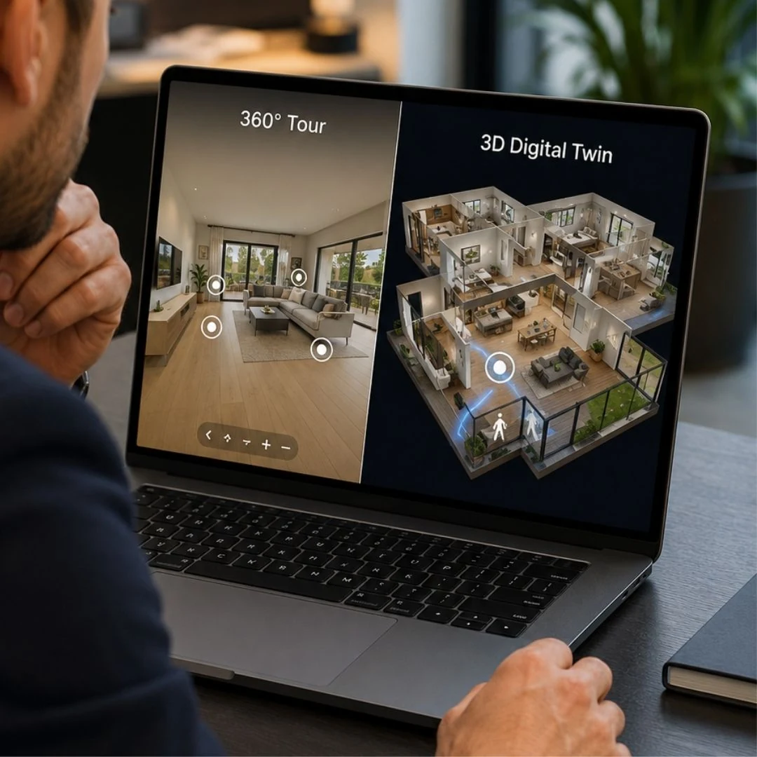 3D virtual tour vs 360 virtual tour - side-by-side comparison of a flat 360 tour and a connected 3D digital twin