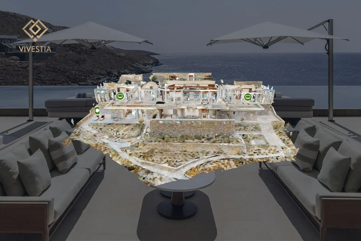 Εικονική περιήγηση βίλας - dollhouse view του 3D μοντέλου με θέα στη θάλασσα, από τη Vivestia VR Productions
