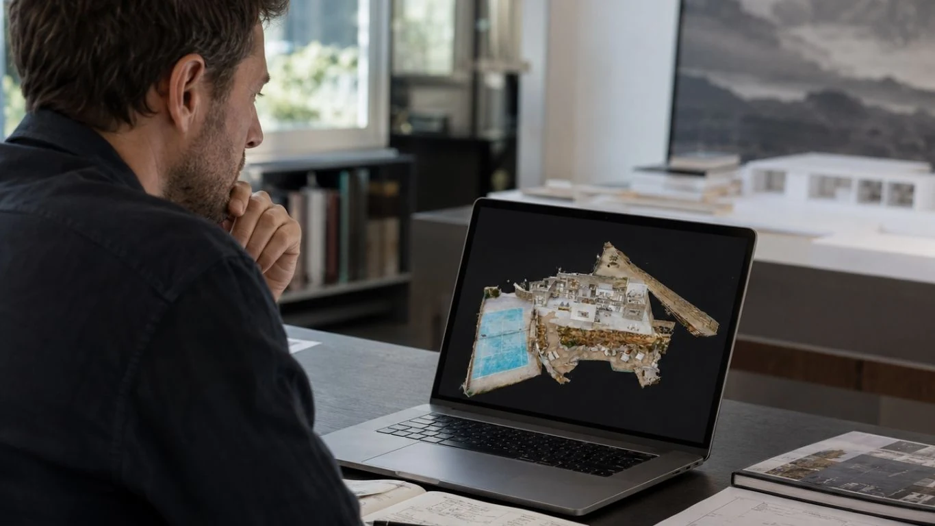 What is a Matterport virtual tour - exploring the 3D dollhouse model of a real property on a laptop