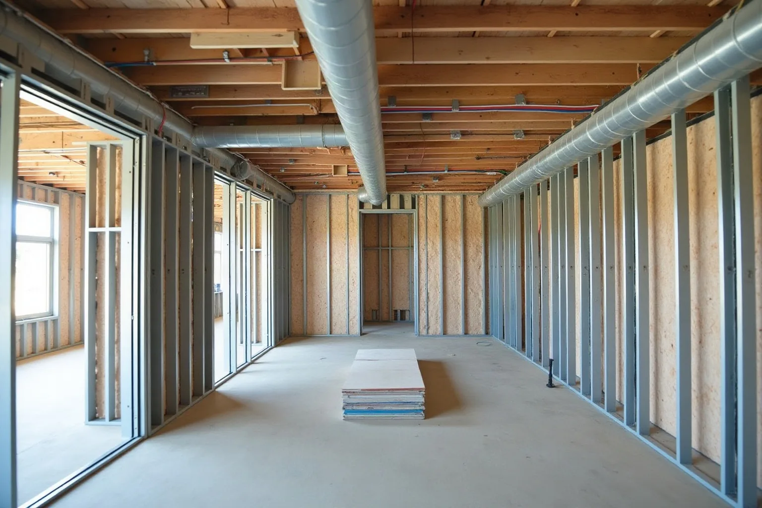 Electrical conduits and pipework visible at rough-in stage before the walls are closed