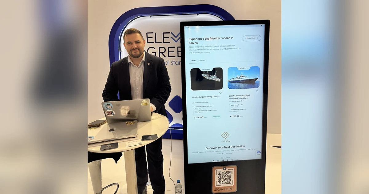 Vivestia at the Elevate Greece pavilion with its interactive presentation screen, Thessaloniki International Fair 2026