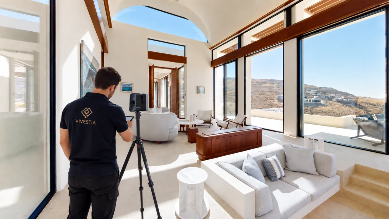 Vivestia team member capturing a villa interior with a professional 3D camera