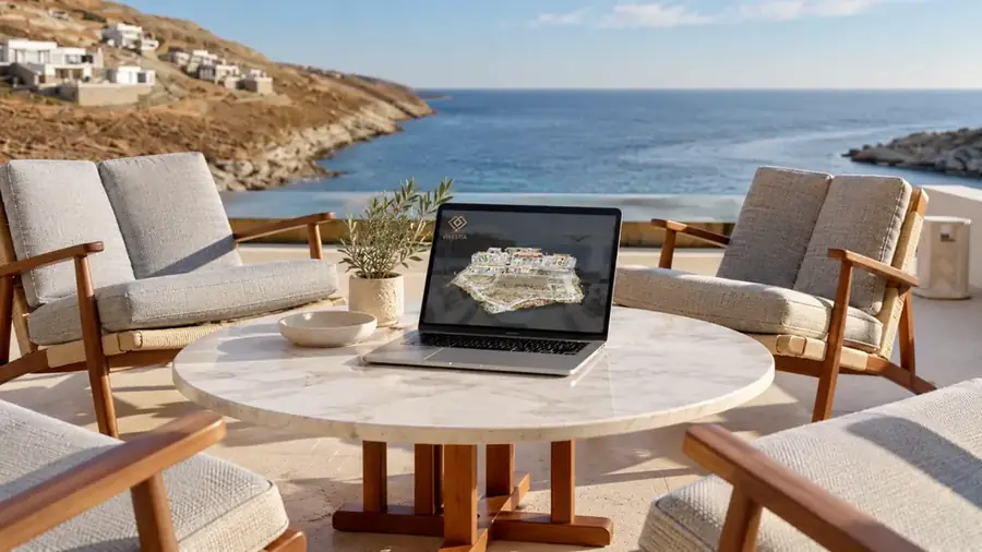 Laptop showing a 3D Virtual Tour on a terrace overlooking the sea