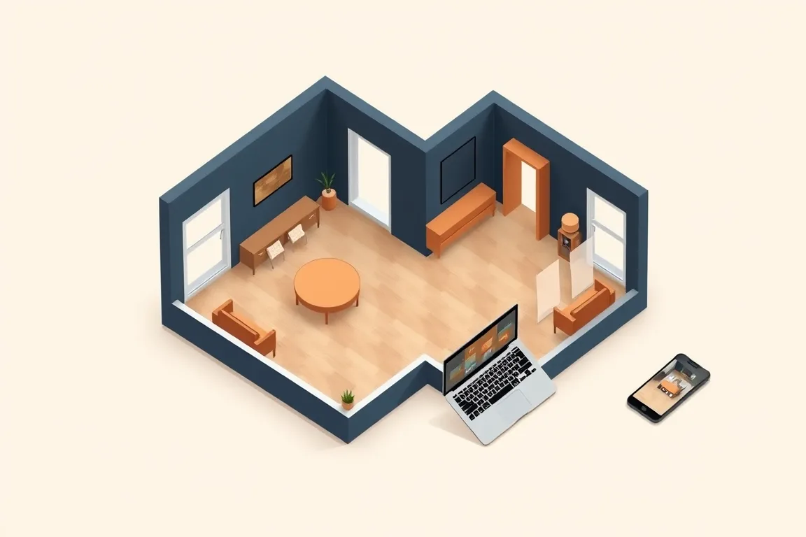 3D model of an apartment viewed on a laptop and a phone during a real estate virtual tour