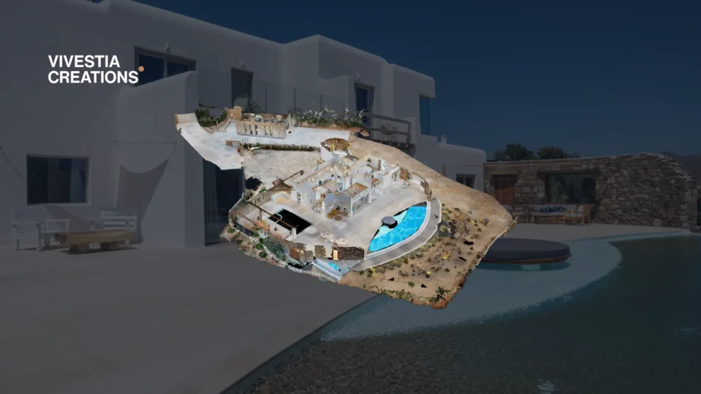 AG Villas Mykonos 3D Virtual Tour shown as a dollhouse view