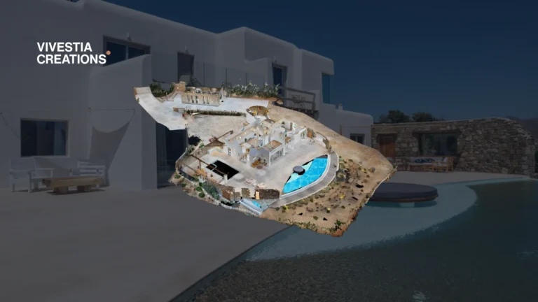 AG Villas Mykonos 3D Virtual Tour shown as a dollhouse view