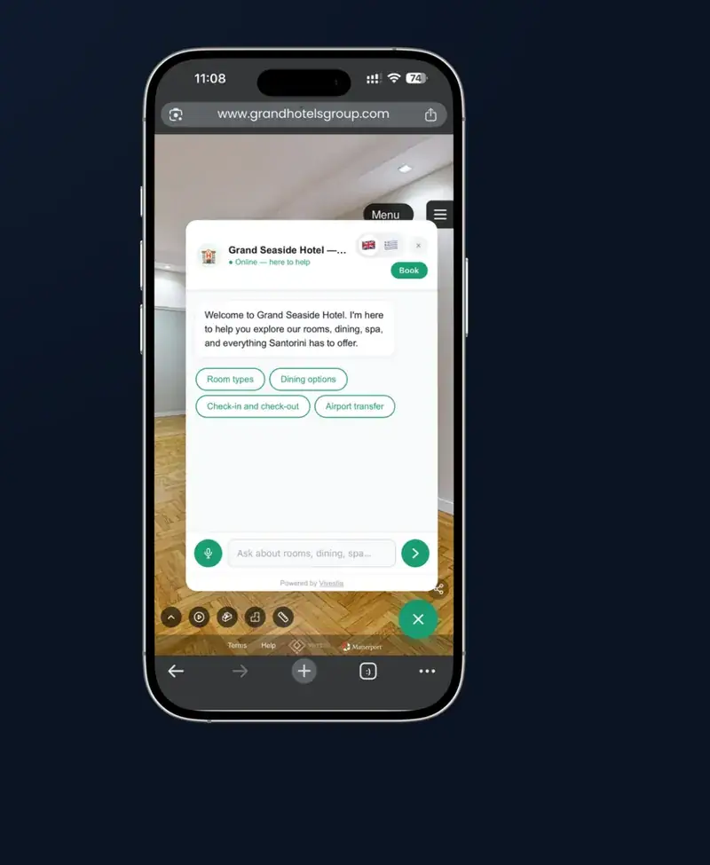 AI Concierge chat open inside a hotel 3D Virtual Tour on a smartphone