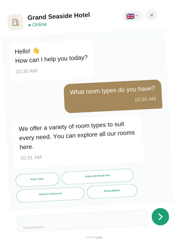 Hotel AI Concierge chat answering a guest question about room types