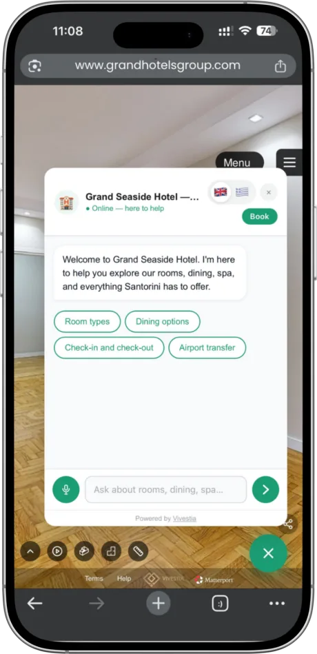 AI Concierge chat open inside a hotel 3D Virtual Tour on a smartphone