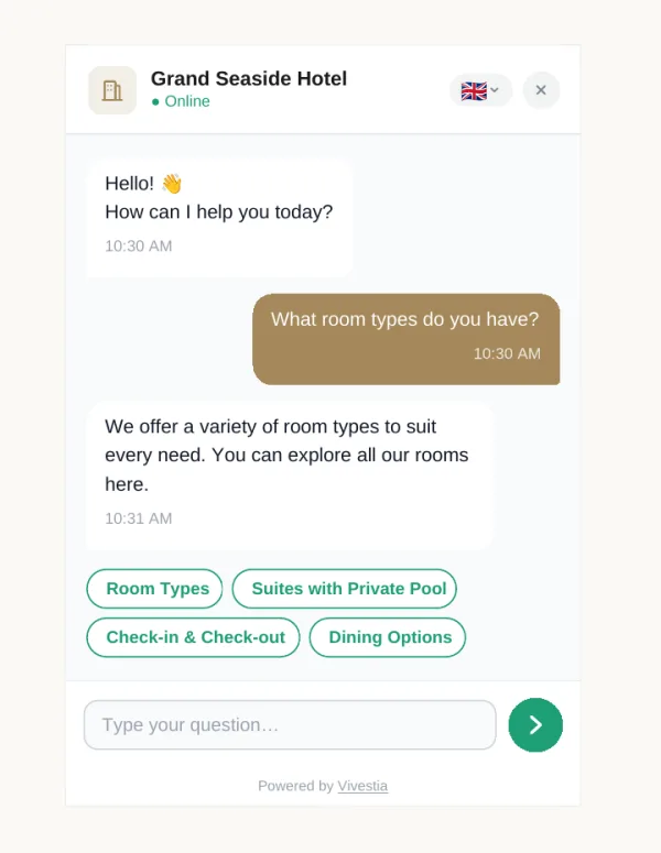 AI Concierge chat window with language selection