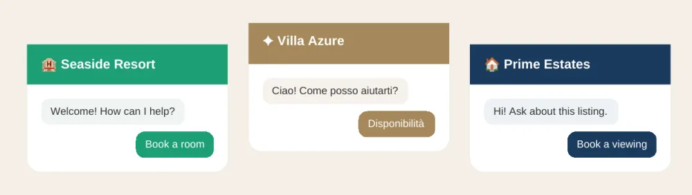 Three AI Concierge chat windows in different brand colours