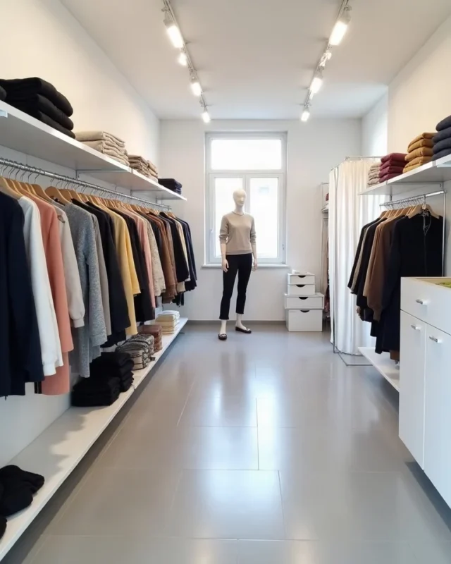 Clothing store showroom with rails, shelves and a mannequin
