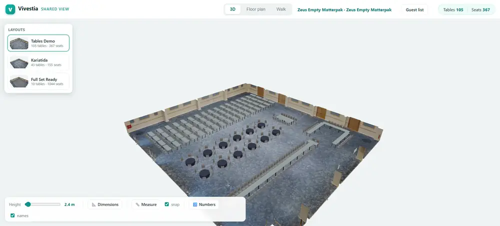Event Planner 3D view of a conference hall layout