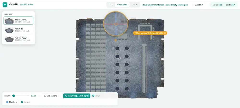 Event Planner Floor Plan view with a distance measurement