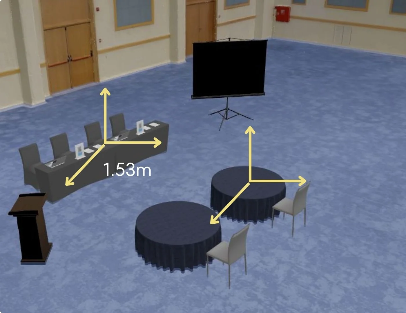 Event Planner 3D view of a conference hall with tables, lectern and distance measurements