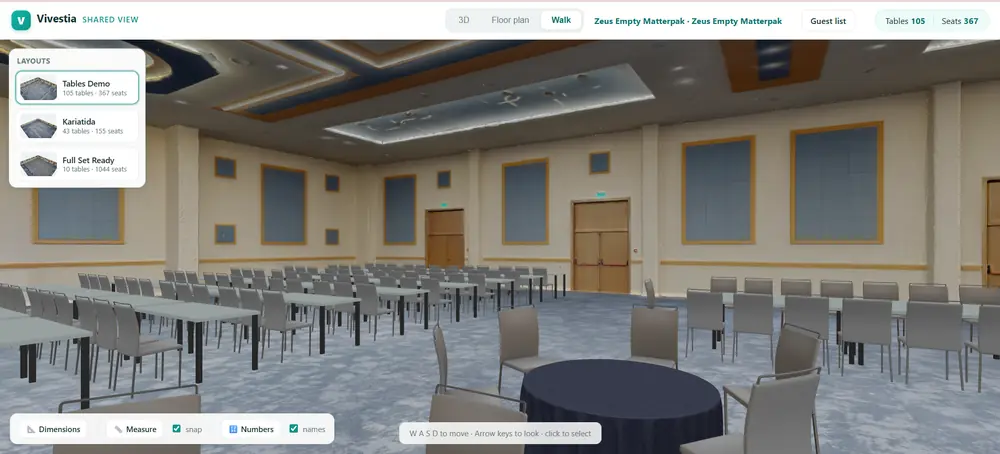 Event Planner Walk view inside a conference hall with tables and chairs