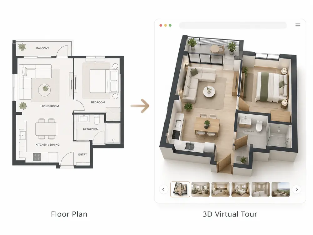 2D apartment floor plan turned into a furnished, interactive 3D Virtual Tour