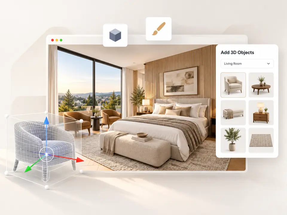 Bedroom built in 3D from floor plans, furnished with objects from a 3D library