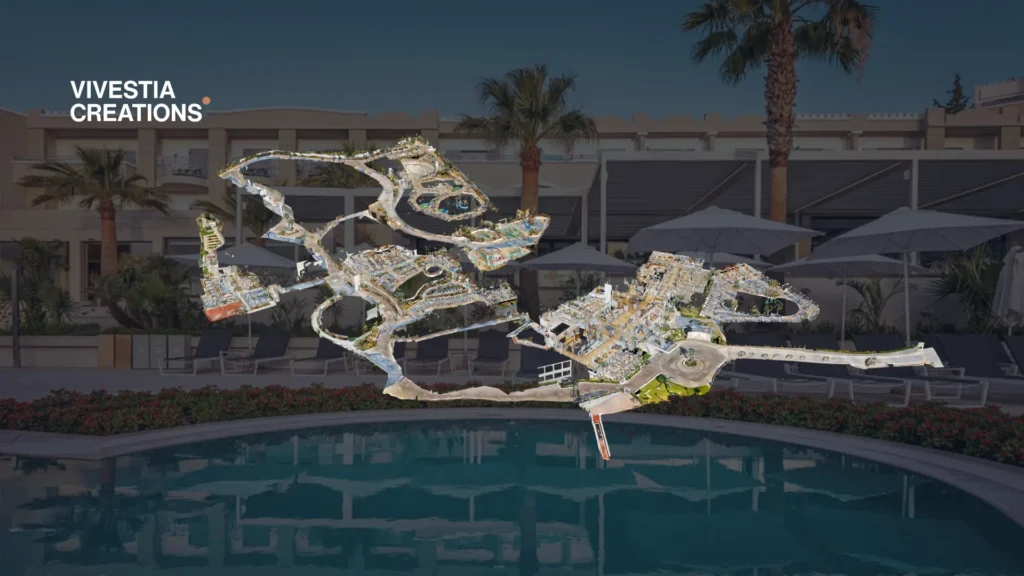 Mitsis Rodos Village 3D Virtual Tour shown as a dollhouse view