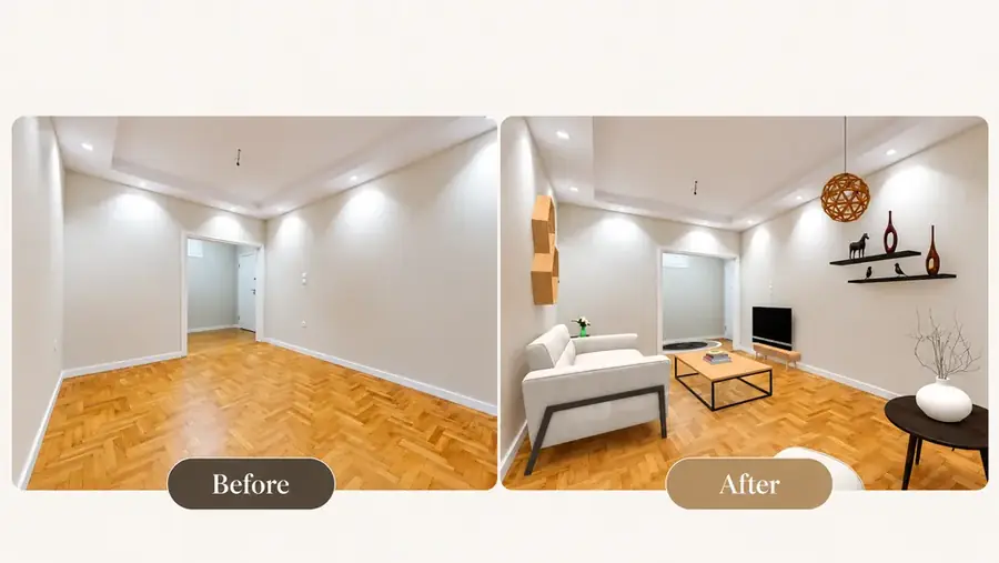 Before and after virtual staging of an empty room