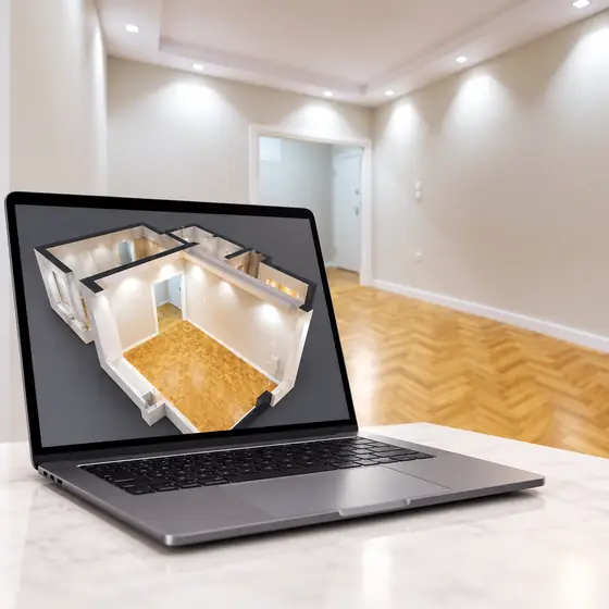 Laptop showing the 3D dollhouse view of an empty apartment