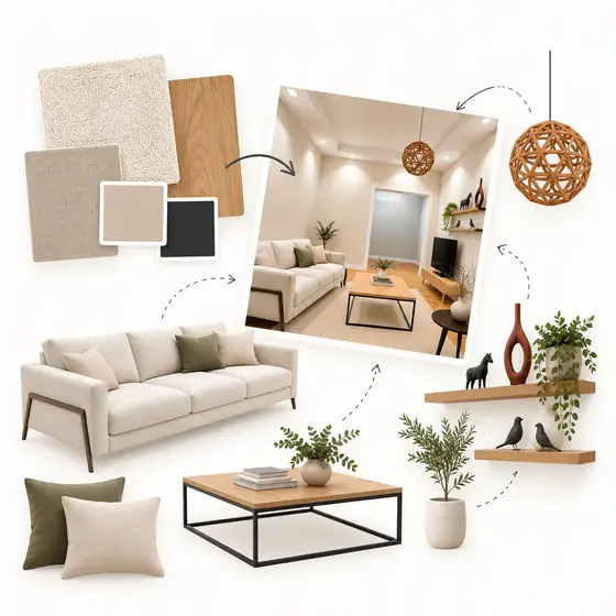 Mood board with furniture, materials and decor for the staging direction