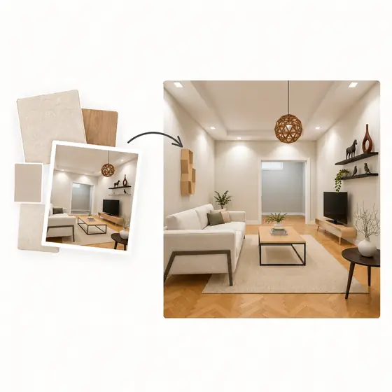 Digital furniture and materials placed into the room in 3D