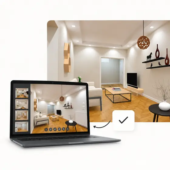 Laptop reviewing the staged room inside the 3D Virtual Tour