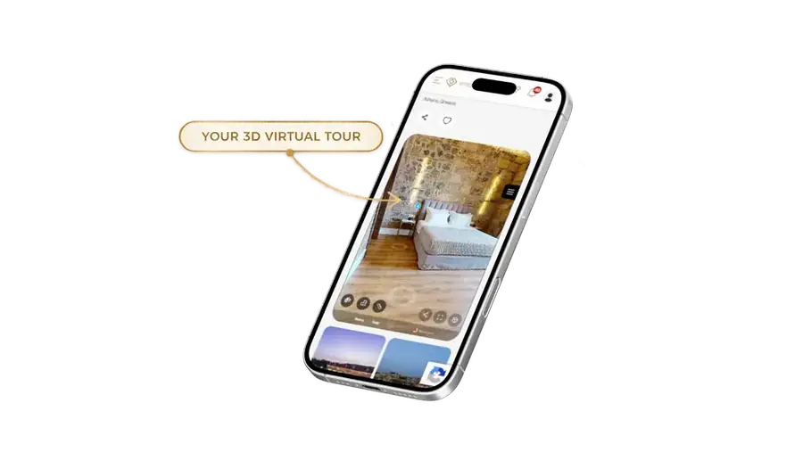 3D Virtual Tour of a hotel room shown on a smartphone