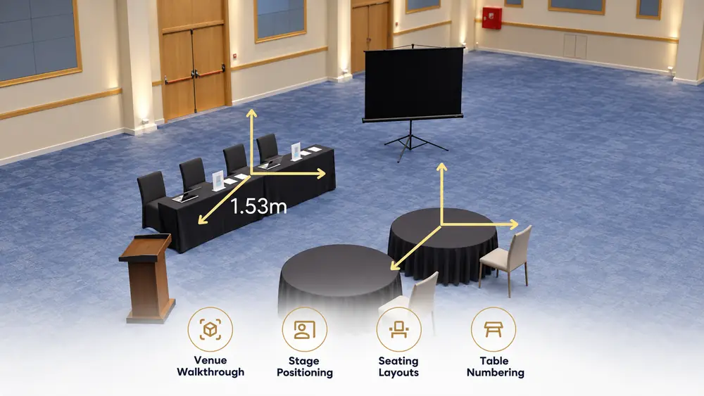 Conference hall in 3D with tables, seating and stage elements placed and measured