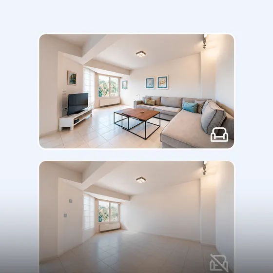 Room shown furnished and then empty with the Defurnish Tool