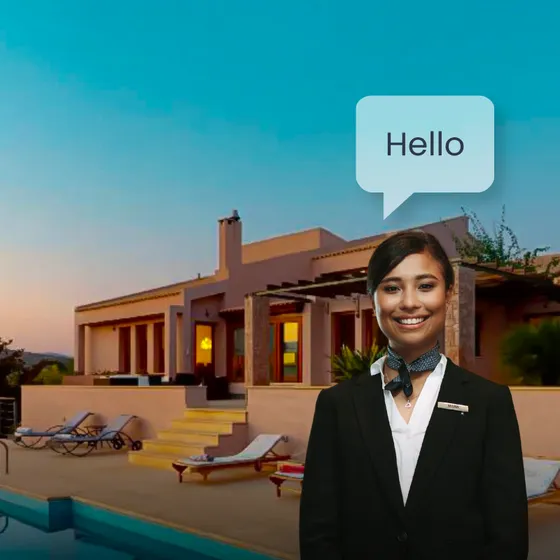 Digital host welcoming visitors in front of a hotel