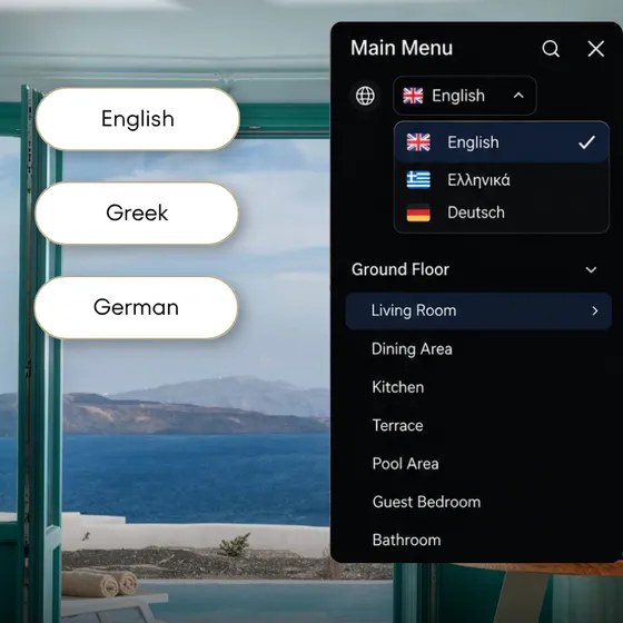 Tour menu with English, Greek and German language options