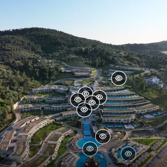 Aerial panorama of a resort with viewpoints marked